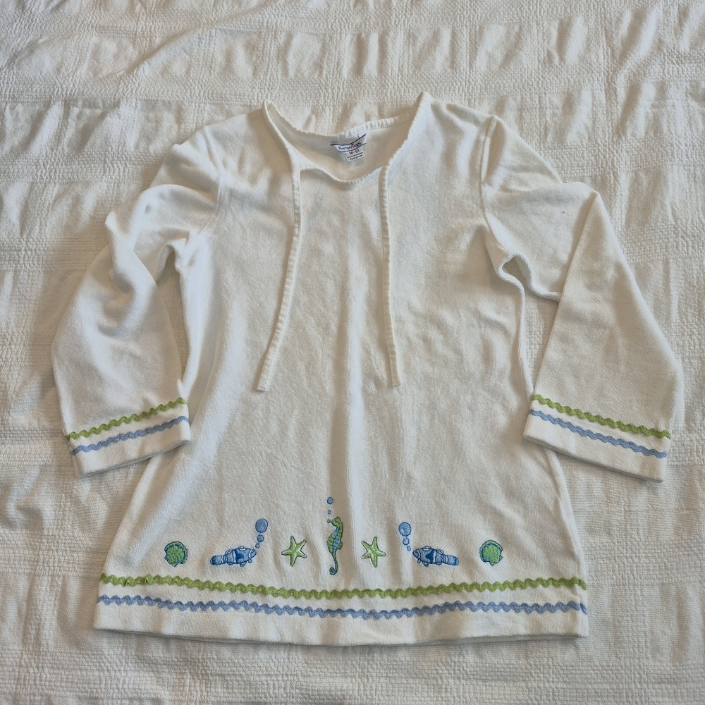 Hartstrings girls size 10-12 white terry embroidered swim cover up top VGUC